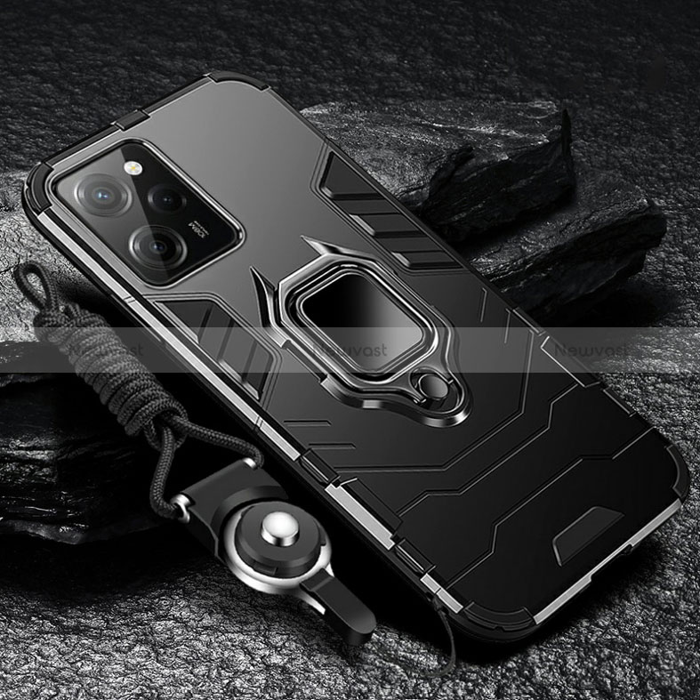 Silicone Matte Finish and Plastic Back Cover Case with Magnetic Finger Ring Stand R01 for Xiaomi Poco X5 Pro 5G Black