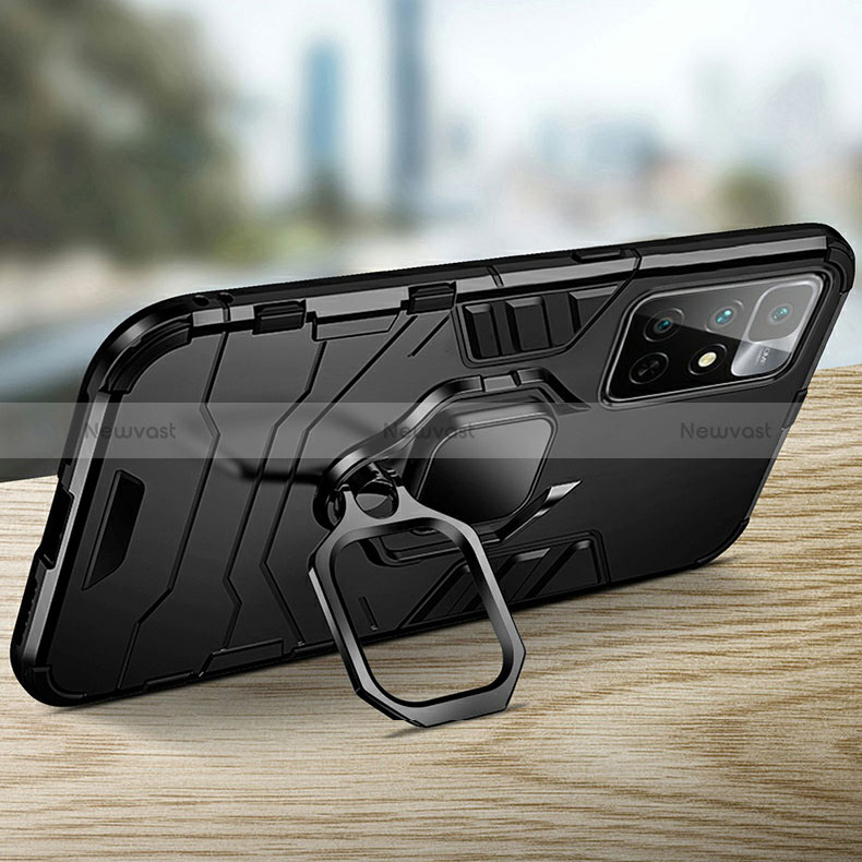 Silicone Matte Finish and Plastic Back Cover Case with Magnetic Finger Ring Stand R01 for Xiaomi Redmi 10 4G