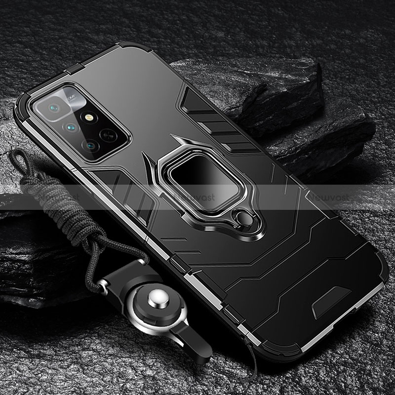 Silicone Matte Finish and Plastic Back Cover Case with Magnetic Finger Ring Stand R01 for Xiaomi Redmi 10 4G Black