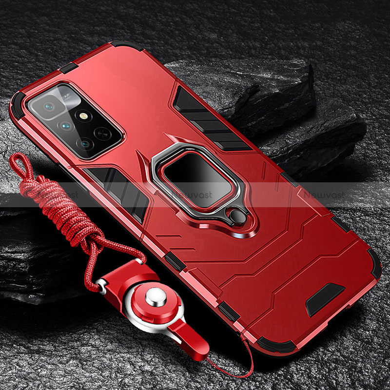 Silicone Matte Finish and Plastic Back Cover Case with Magnetic Finger Ring Stand R01 for Xiaomi Redmi 10 4G Red