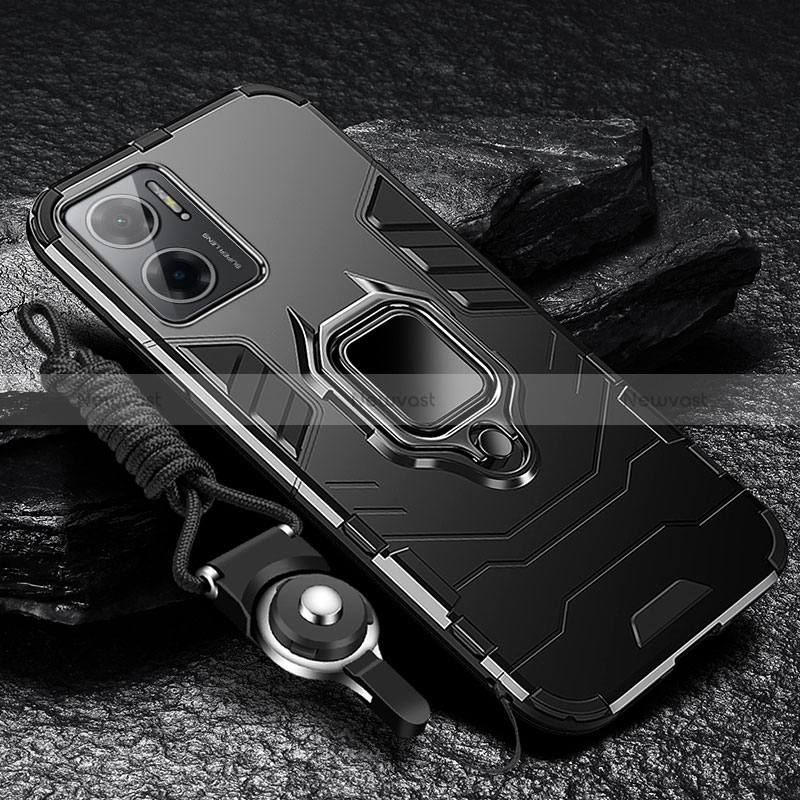 Silicone Matte Finish and Plastic Back Cover Case with Magnetic Finger Ring Stand R01 for Xiaomi Redmi 10 Prime Plus 5G