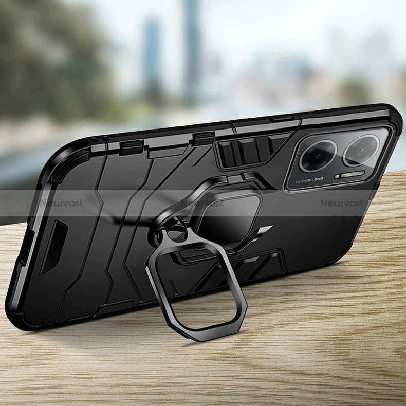 Silicone Matte Finish and Plastic Back Cover Case with Magnetic Finger Ring Stand R01 for Xiaomi Redmi 10 Prime Plus 5G