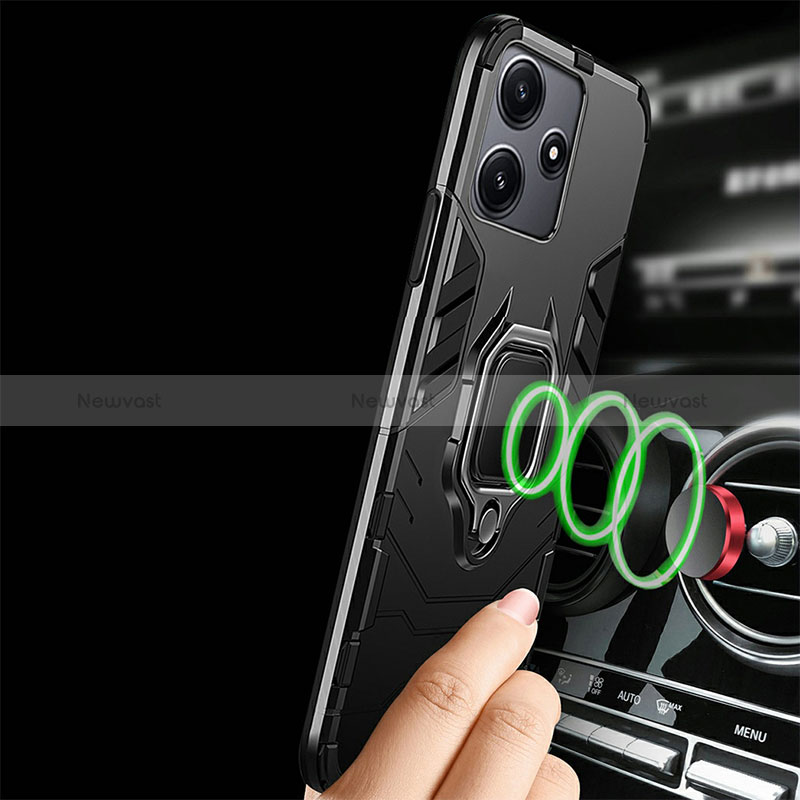 Silicone Matte Finish and Plastic Back Cover Case with Magnetic Finger Ring Stand R01 for Xiaomi Redmi 12 5G