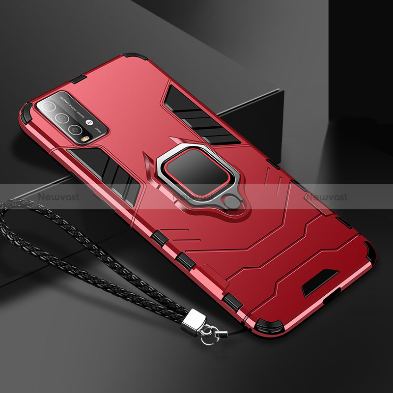 Silicone Matte Finish and Plastic Back Cover Case with Magnetic Finger Ring Stand R01 for Xiaomi Redmi 9 Power