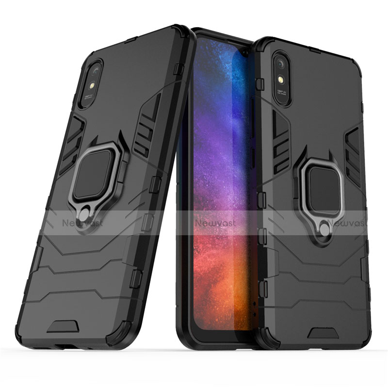 Silicone Matte Finish and Plastic Back Cover Case with Magnetic Finger Ring Stand R01 for Xiaomi Redmi 9A