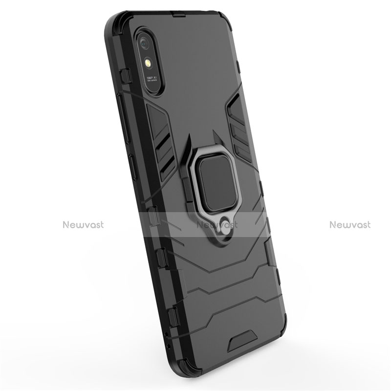 Silicone Matte Finish and Plastic Back Cover Case with Magnetic Finger Ring Stand R01 for Xiaomi Redmi 9A