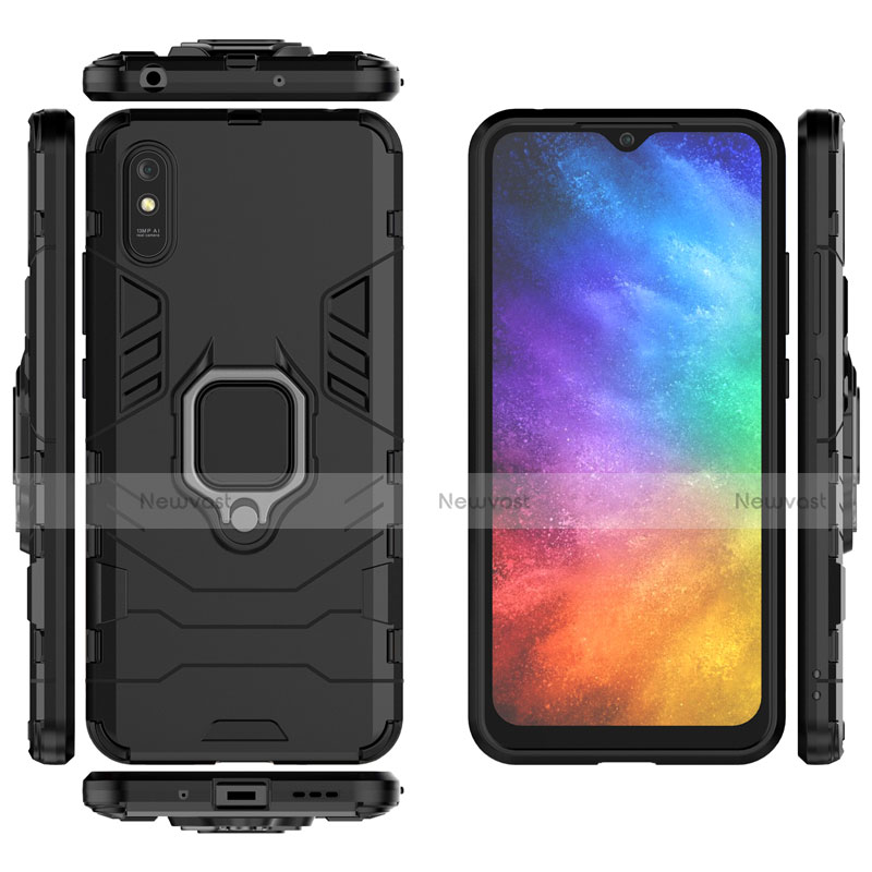 Silicone Matte Finish and Plastic Back Cover Case with Magnetic Finger Ring Stand R01 for Xiaomi Redmi 9A