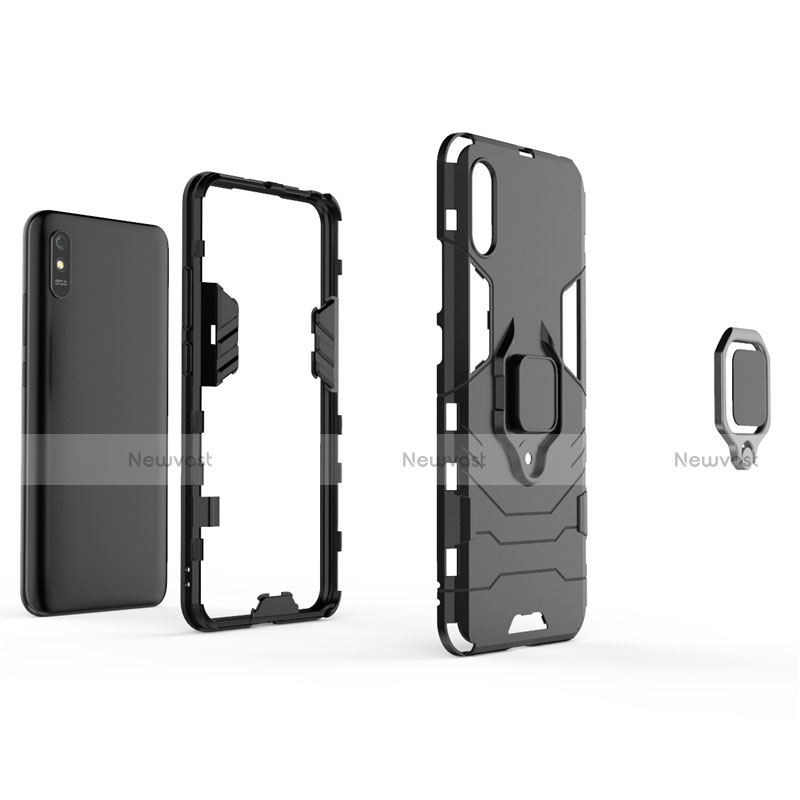 Silicone Matte Finish and Plastic Back Cover Case with Magnetic Finger Ring Stand R01 for Xiaomi Redmi 9A