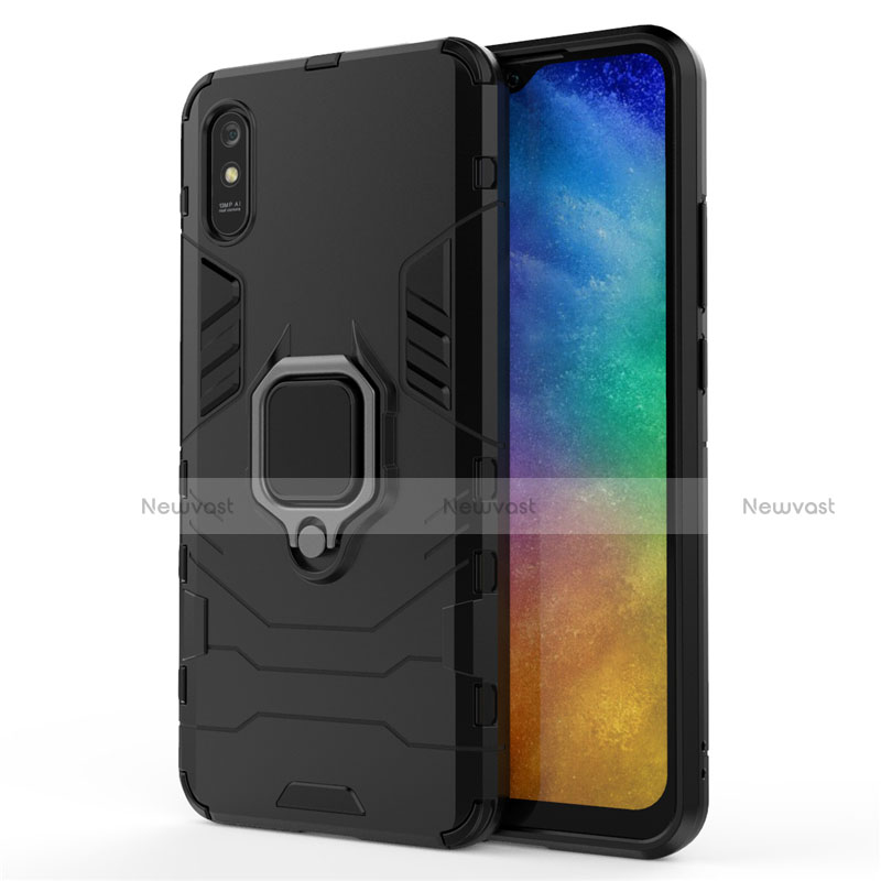 Silicone Matte Finish and Plastic Back Cover Case with Magnetic Finger Ring Stand R01 for Xiaomi Redmi 9A Black