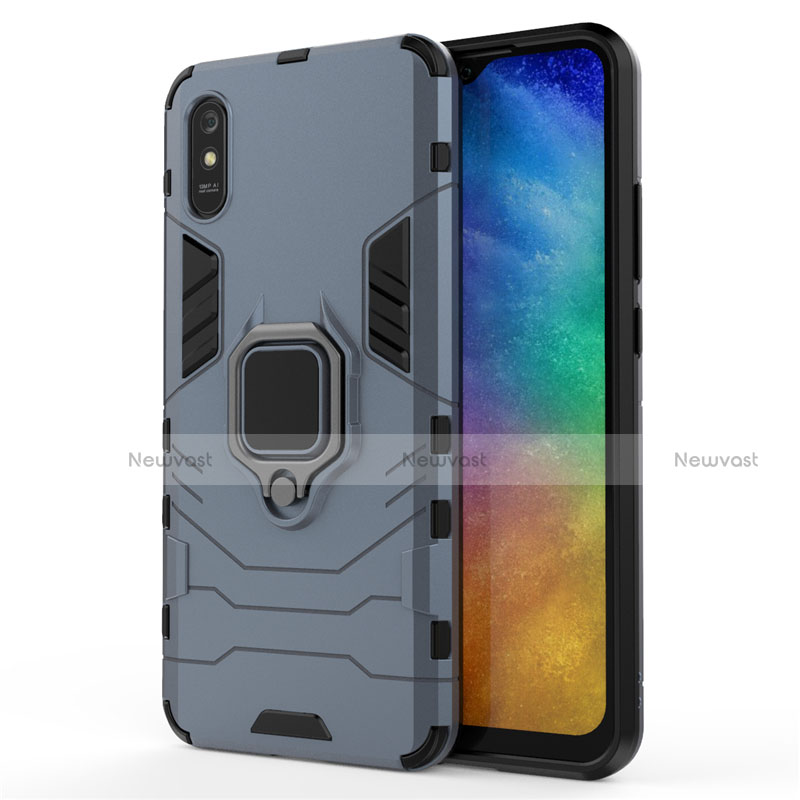 Silicone Matte Finish and Plastic Back Cover Case with Magnetic Finger Ring Stand R01 for Xiaomi Redmi 9A Blue