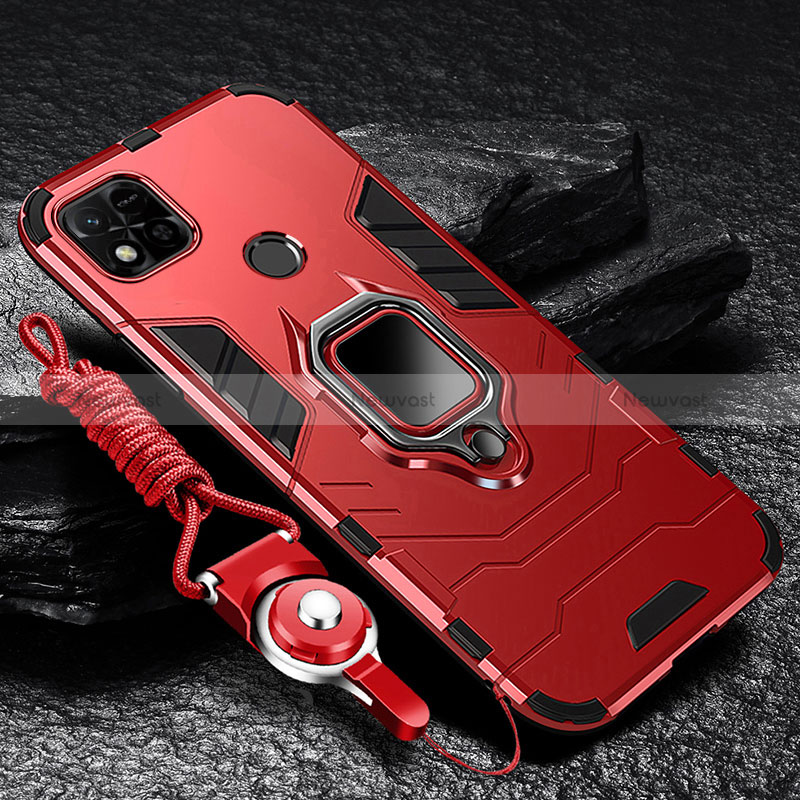 Silicone Matte Finish and Plastic Back Cover Case with Magnetic Finger Ring Stand R01 for Xiaomi Redmi 9C NFC Red