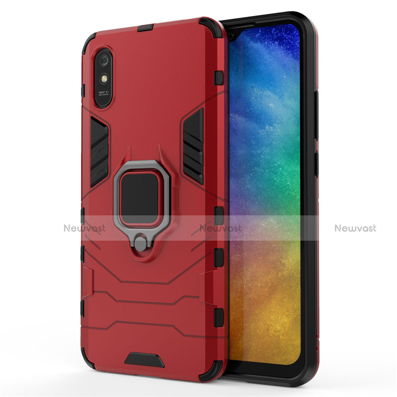 Silicone Matte Finish and Plastic Back Cover Case with Magnetic Finger Ring Stand R01 for Xiaomi Redmi 9i Red