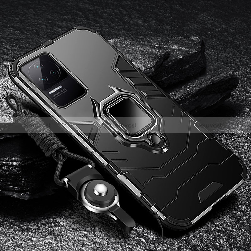 Silicone Matte Finish and Plastic Back Cover Case with Magnetic Finger Ring Stand R01 for Xiaomi Redmi K40S 5G Black