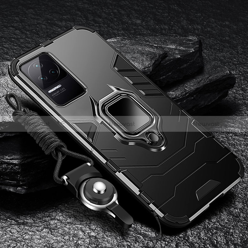 Silicone Matte Finish and Plastic Back Cover Case with Magnetic Finger Ring Stand R01 for Xiaomi Redmi K50 5G Black