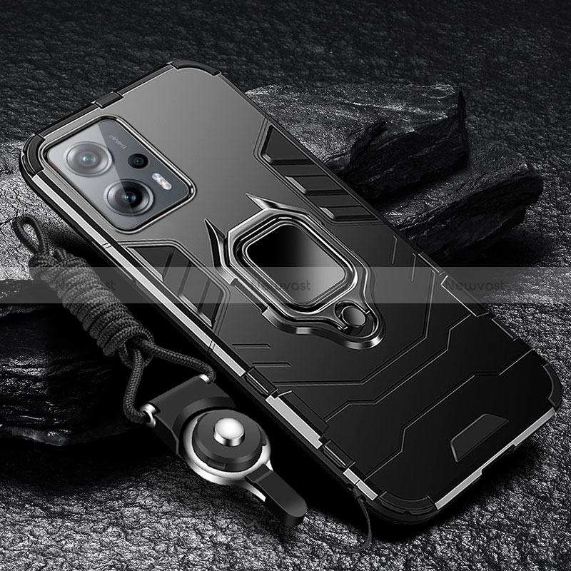 Silicone Matte Finish and Plastic Back Cover Case with Magnetic Finger Ring Stand R01 for Xiaomi Redmi K50i 5G Black