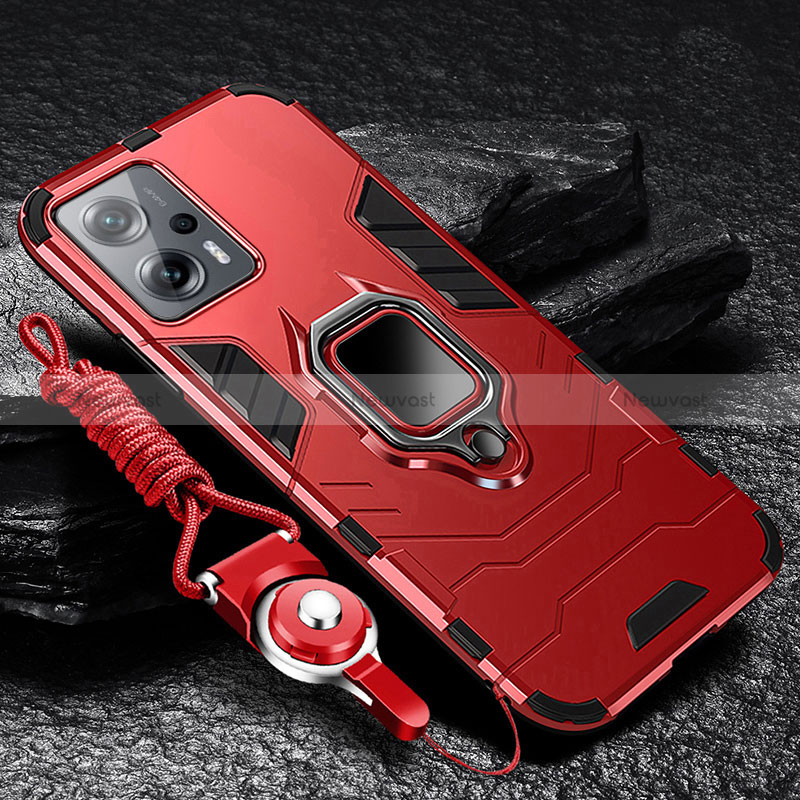 Silicone Matte Finish and Plastic Back Cover Case with Magnetic Finger Ring Stand R01 for Xiaomi Redmi K50i 5G Red