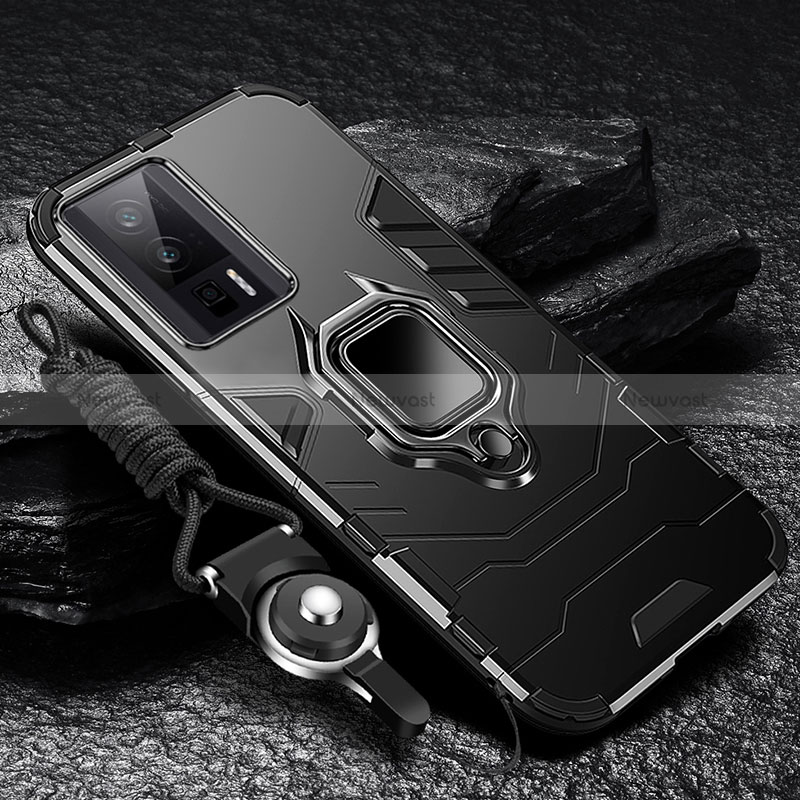 Silicone Matte Finish and Plastic Back Cover Case with Magnetic Finger Ring Stand R01 for Xiaomi Redmi K60 5G Black