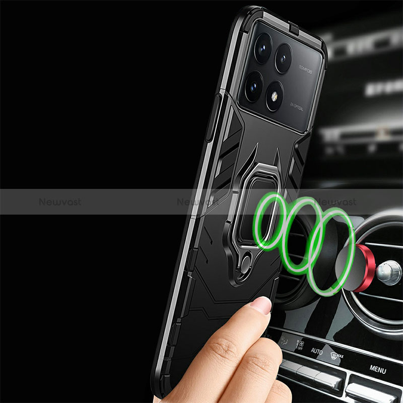 Silicone Matte Finish and Plastic Back Cover Case with Magnetic Finger Ring Stand R01 for Xiaomi Redmi K70 5G