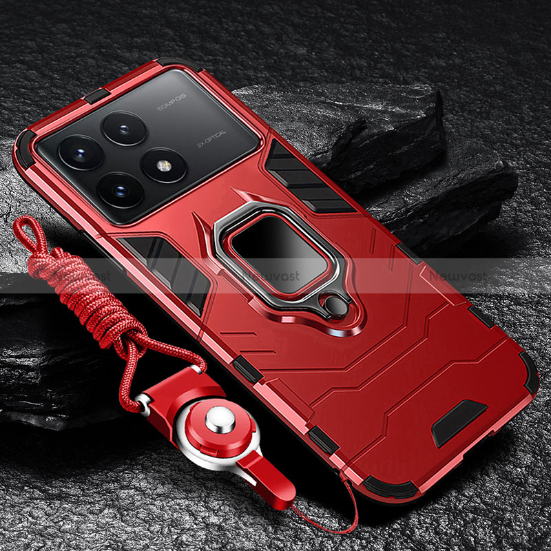 Silicone Matte Finish and Plastic Back Cover Case with Magnetic Finger Ring Stand R01 for Xiaomi Redmi K70 5G Red