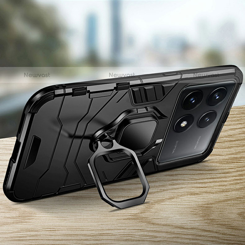 Silicone Matte Finish and Plastic Back Cover Case with Magnetic Finger Ring Stand R01 for Xiaomi Redmi K70E 5G