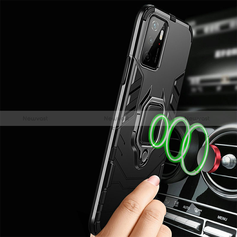 Silicone Matte Finish and Plastic Back Cover Case with Magnetic Finger Ring Stand R01 for Xiaomi Redmi Note 10 5G