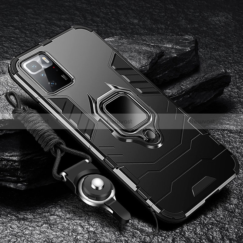 Silicone Matte Finish and Plastic Back Cover Case with Magnetic Finger Ring Stand R01 for Xiaomi Redmi Note 10 Pro 5G Black