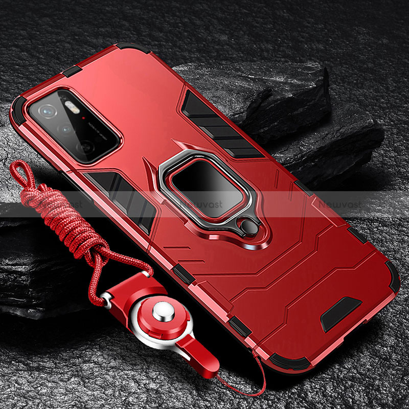 Silicone Matte Finish and Plastic Back Cover Case with Magnetic Finger Ring Stand R01 for Xiaomi Redmi Note 10T 5G Red
