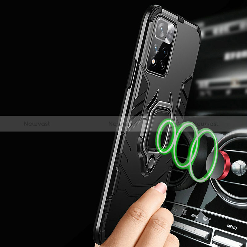Silicone Matte Finish and Plastic Back Cover Case with Magnetic Finger Ring Stand R01 for Xiaomi Redmi Note 11 Pro+ Plus 5G