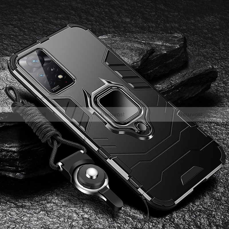 Silicone Matte Finish and Plastic Back Cover Case with Magnetic Finger Ring Stand R01 for Xiaomi Redmi Note 11E Pro 5G Black