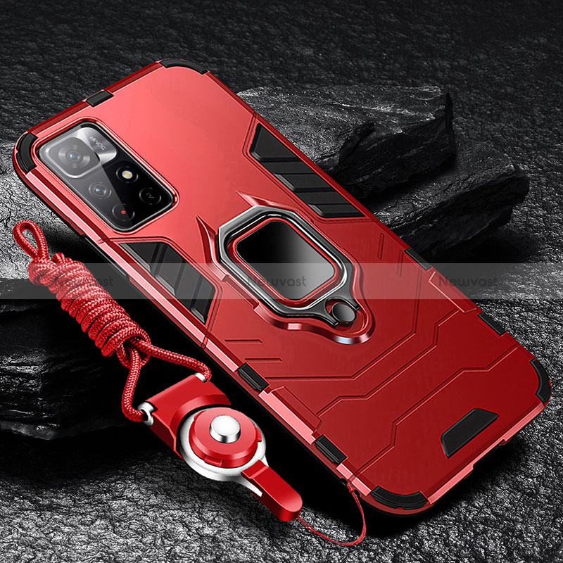 Silicone Matte Finish and Plastic Back Cover Case with Magnetic Finger Ring Stand R01 for Xiaomi Redmi Note 11T 5G Red