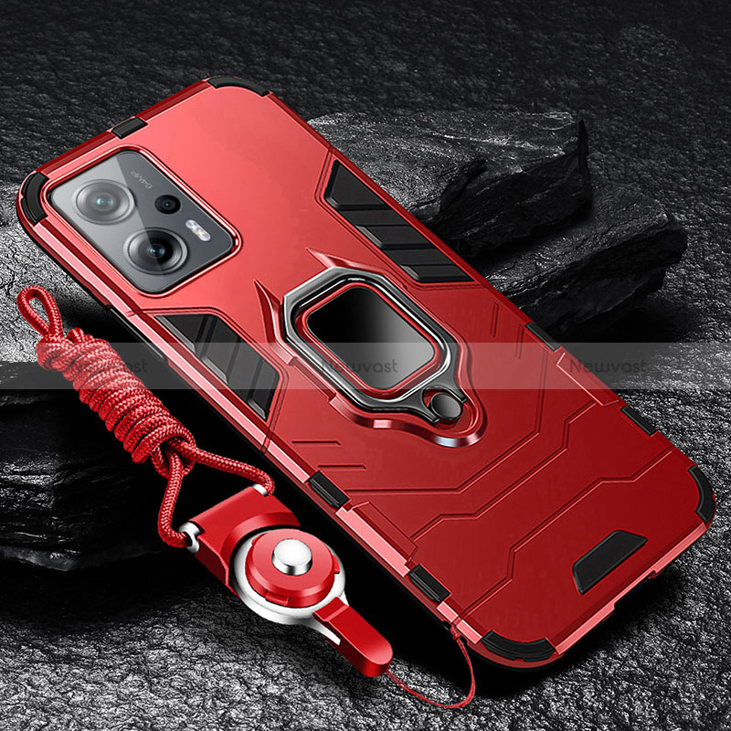 Silicone Matte Finish and Plastic Back Cover Case with Magnetic Finger Ring Stand R01 for Xiaomi Redmi Note 11T Pro 5G Red