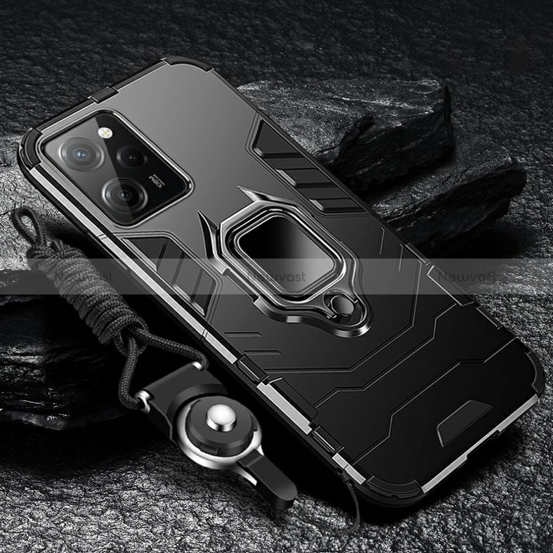 Silicone Matte Finish and Plastic Back Cover Case with Magnetic Finger Ring Stand R01 for Xiaomi Redmi Note 12 Pro Speed 5G Black