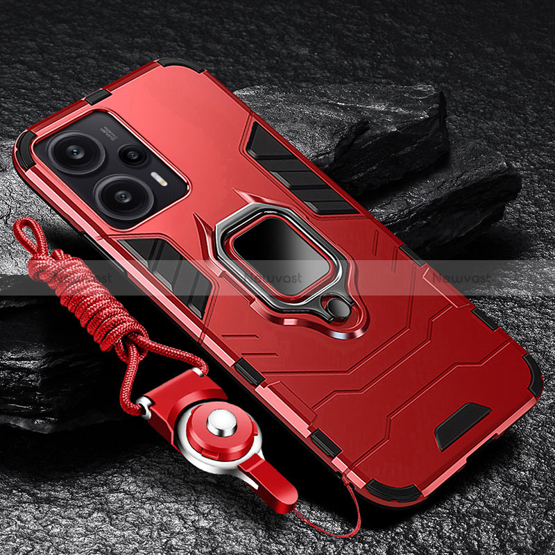 Silicone Matte Finish and Plastic Back Cover Case with Magnetic Finger Ring Stand R01 for Xiaomi Redmi Note 12 Turbo 5G