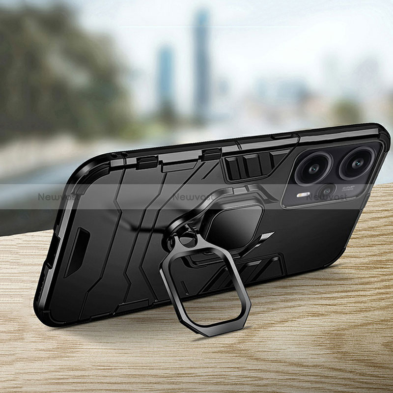 Silicone Matte Finish and Plastic Back Cover Case with Magnetic Finger Ring Stand R01 for Xiaomi Redmi Note 12 Turbo 5G