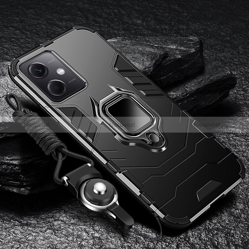 Silicone Matte Finish and Plastic Back Cover Case with Magnetic Finger Ring Stand R01 for Xiaomi Redmi Note 12R Pro 5G Black