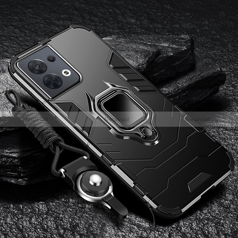 Silicone Matte Finish and Plastic Back Cover Case with Magnetic Finger Ring Stand R01 for Xiaomi Redmi Note 13 Pro 5G Black