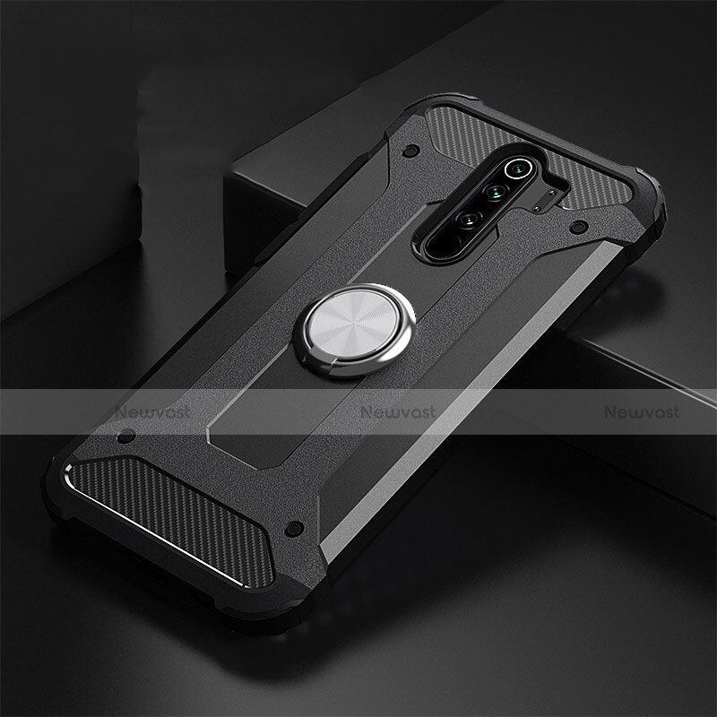 Silicone Matte Finish and Plastic Back Cover Case with Magnetic Finger Ring Stand R01 for Xiaomi Redmi Note 8 Pro