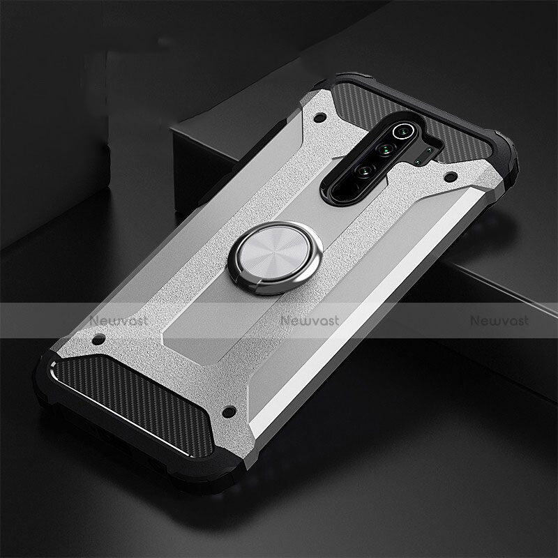 Silicone Matte Finish and Plastic Back Cover Case with Magnetic Finger Ring Stand R01 for Xiaomi Redmi Note 8 Pro