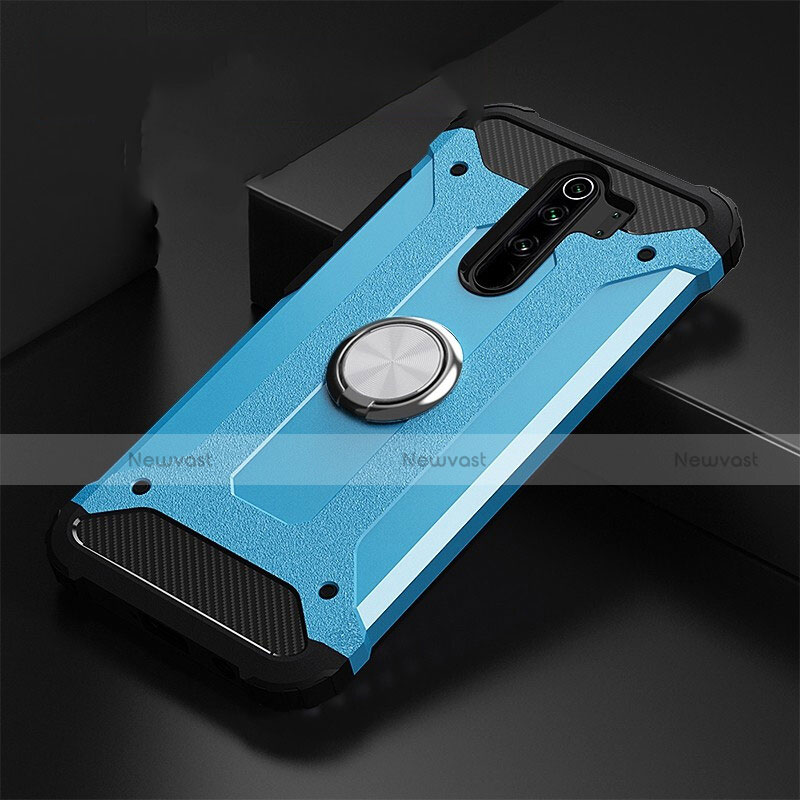 Silicone Matte Finish and Plastic Back Cover Case with Magnetic Finger Ring Stand R01 for Xiaomi Redmi Note 8 Pro Sky Blue