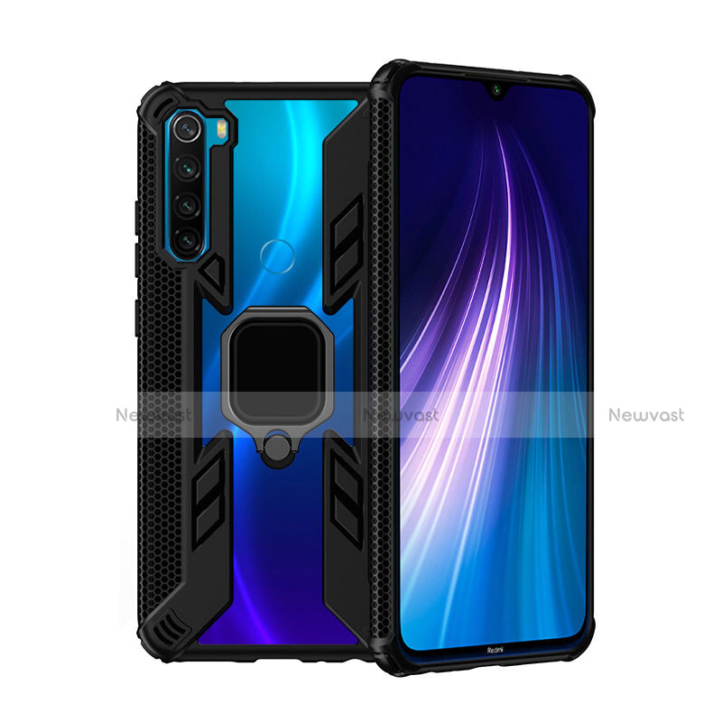 Silicone Matte Finish and Plastic Back Cover Case with Magnetic Finger Ring Stand R01 for Xiaomi Redmi Note 8T