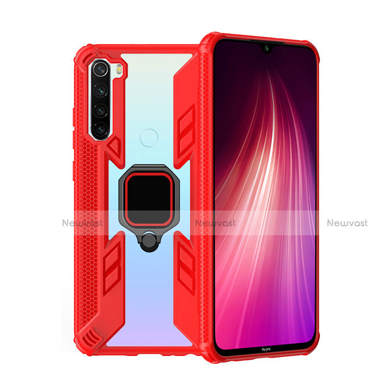 Silicone Matte Finish and Plastic Back Cover Case with Magnetic Finger Ring Stand R01 for Xiaomi Redmi Note 8T Red