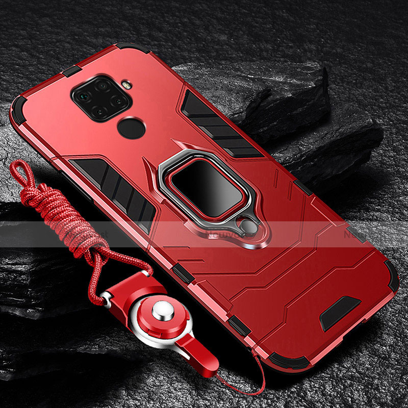 Silicone Matte Finish and Plastic Back Cover Case with Magnetic Finger Ring Stand R01 for Xiaomi Redmi Note 9 Red