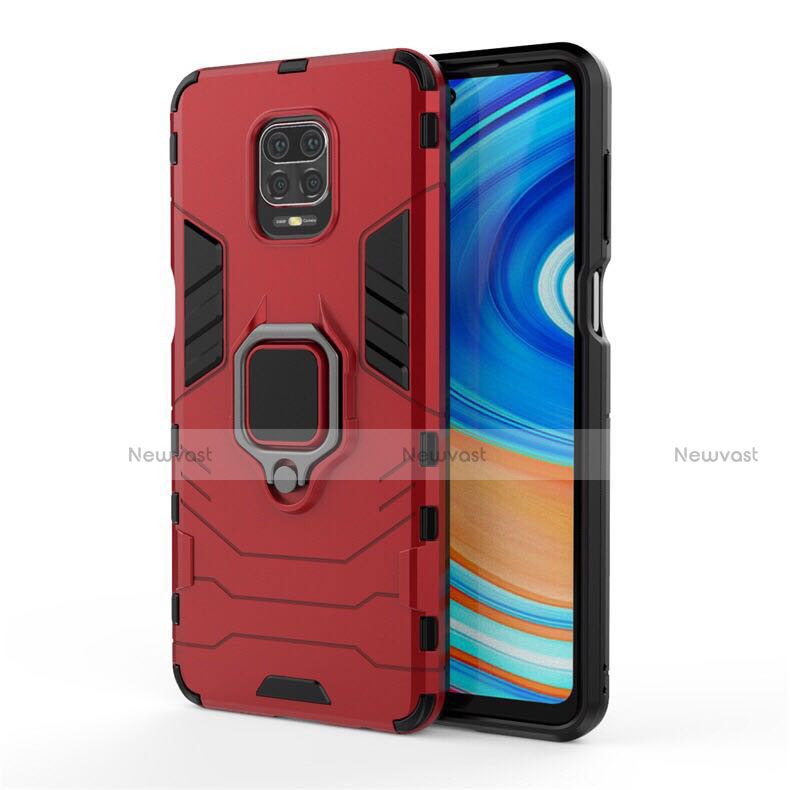 Silicone Matte Finish and Plastic Back Cover Case with Magnetic Finger Ring Stand R01 for Xiaomi Redmi Note 9S Red