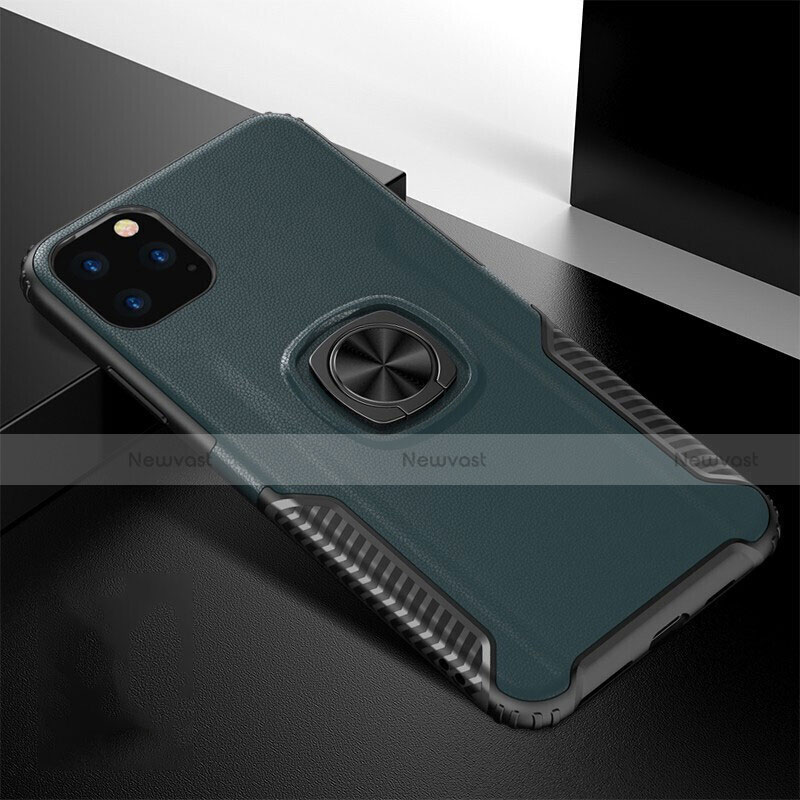 Silicone Matte Finish and Plastic Back Cover Case with Magnetic Finger Ring Stand R02 for Apple iPhone 11 Pro Max