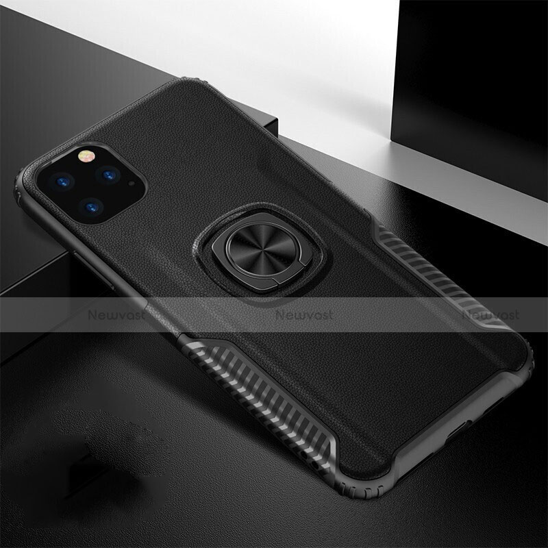 Silicone Matte Finish and Plastic Back Cover Case with Magnetic Finger Ring Stand R02 for Apple iPhone 11 Pro Max Black