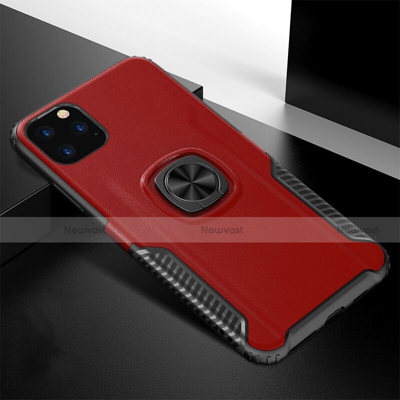 Silicone Matte Finish and Plastic Back Cover Case with Magnetic Finger Ring Stand R02 for Apple iPhone 11 Pro Max Red