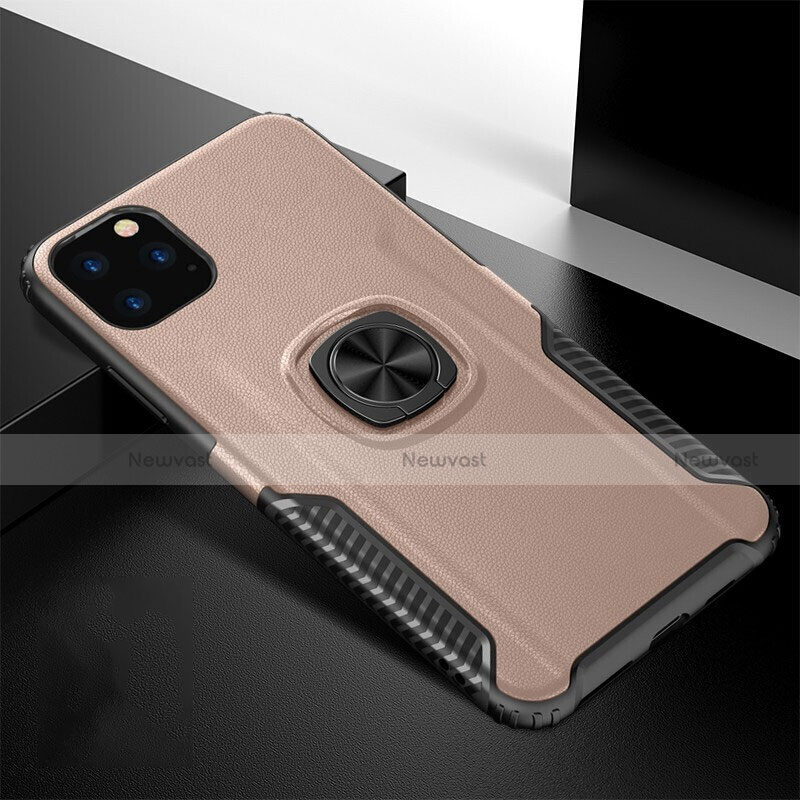 Silicone Matte Finish and Plastic Back Cover Case with Magnetic Finger Ring Stand R02 for Apple iPhone 11 Pro Max Rose Gold