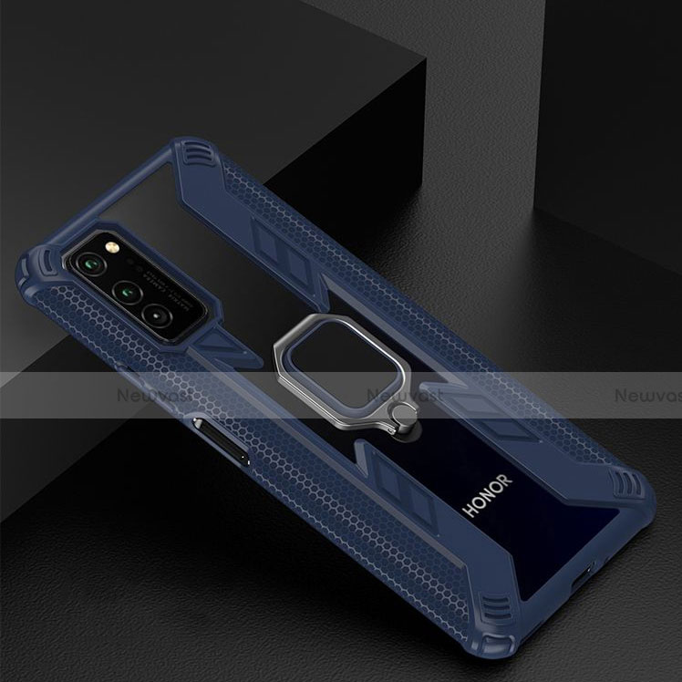 Silicone Matte Finish and Plastic Back Cover Case with Magnetic Finger Ring Stand R02 for Huawei Honor V30 5G