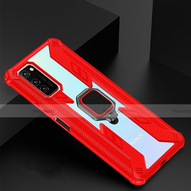 Silicone Matte Finish and Plastic Back Cover Case with Magnetic Finger Ring Stand R02 for Huawei Honor V30 5G