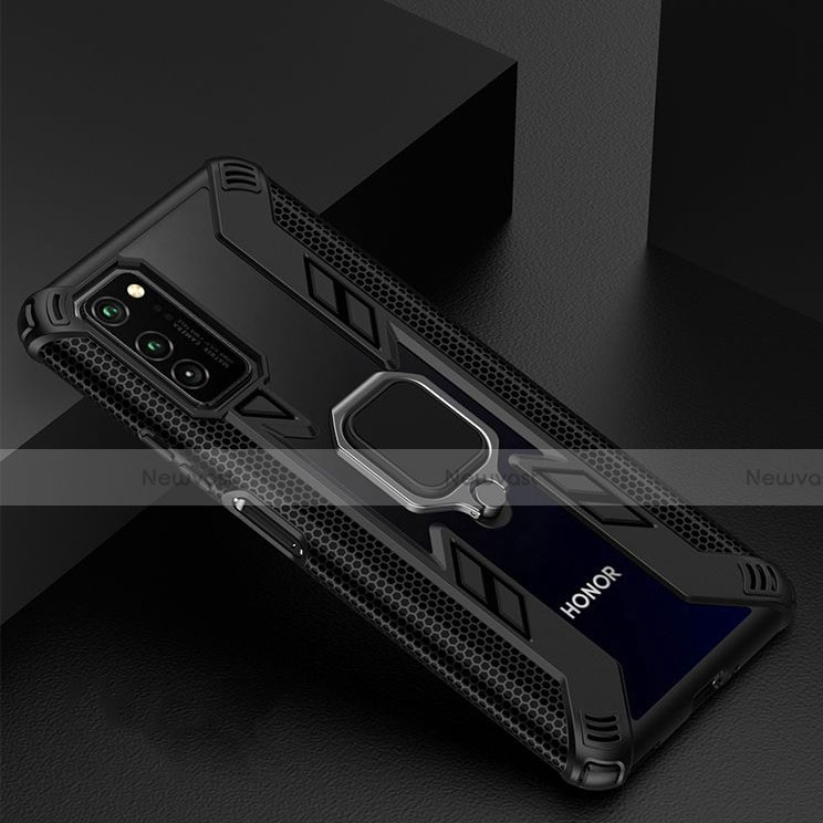 Silicone Matte Finish and Plastic Back Cover Case with Magnetic Finger Ring Stand R02 for Huawei Honor V30 5G